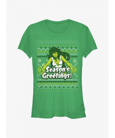 Marvel Hulk She-Hulk Season's Greetings Ugly Christmas Girls T-Shirt $10.71 T-Shirts
